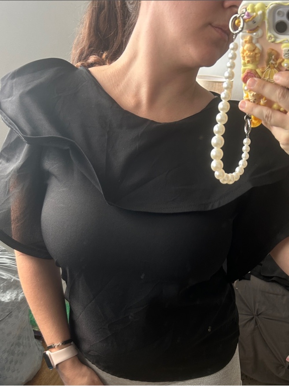 FAVLUX Black Ruffle-Trim Short Sleeve Blouse